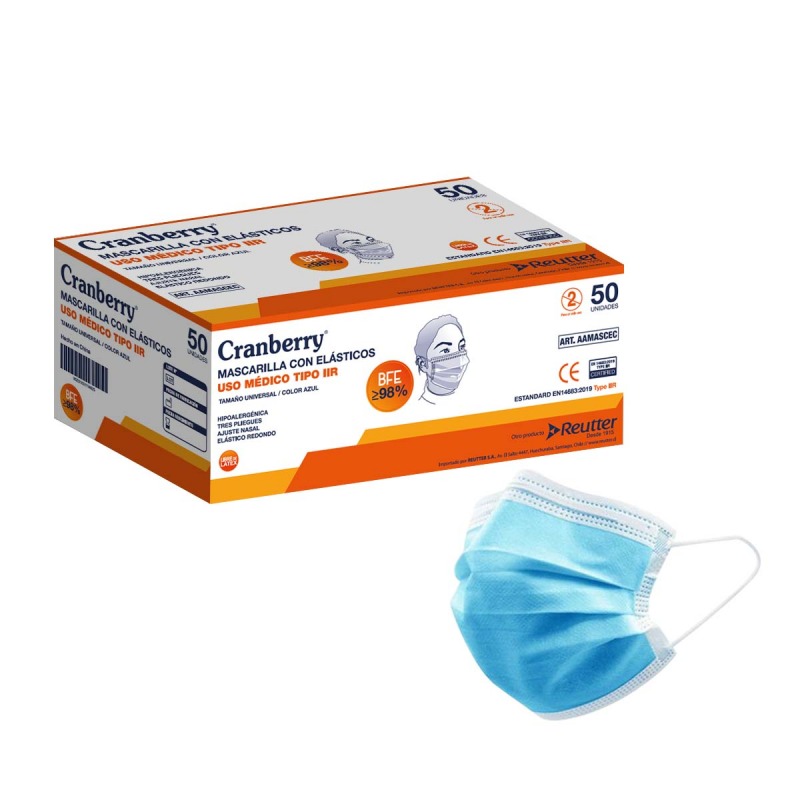 Mascarilla 3 PLG Blanca C/Elast. Cranb X 50 UN 